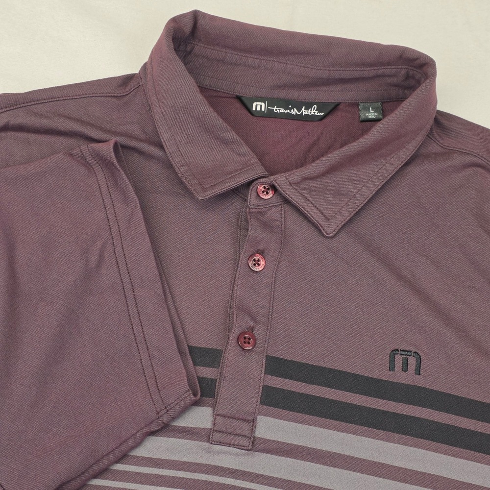 TravisMathew Polo Shirt Mens Large Burgundy Black Striped Pima Cotton‎ Blend